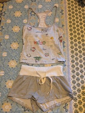 Hello Kitty Light Gray Tank & Striped Shorts  Pj Set